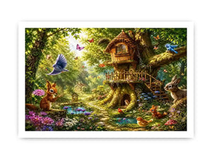 Whimsical forest canvas art with treehouse for kids bedroom decor.