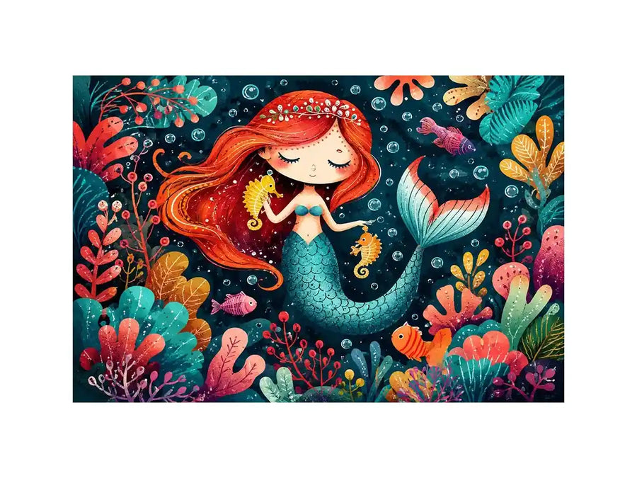 Whimsical mermaid illustration with vibrant coral reef canvas art for elegant modern interior decor
