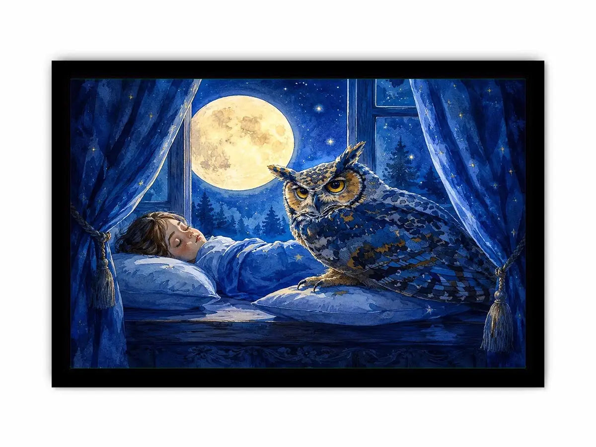 Watercolor owl beside sleeping child under moonlight canvas art for elegant modern interior decor