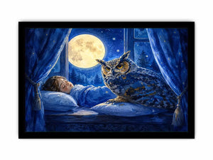 Watercolor owl beside sleeping child under moonlight canvas art for elegant modern interior decor