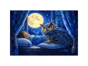 Watercolor owl beside sleeping child under moonlight canvas art for elegant modern interior decor