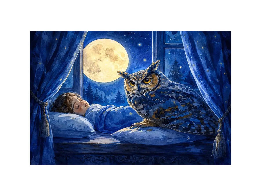 Watercolor owl beside sleeping child under moonlight canvas art for elegant modern interior decor