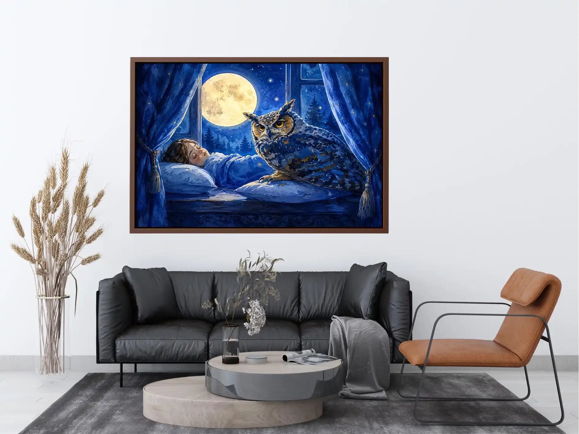 Watercolor owl beside sleeping child under moonlight canvas art for elegant modern interior decor