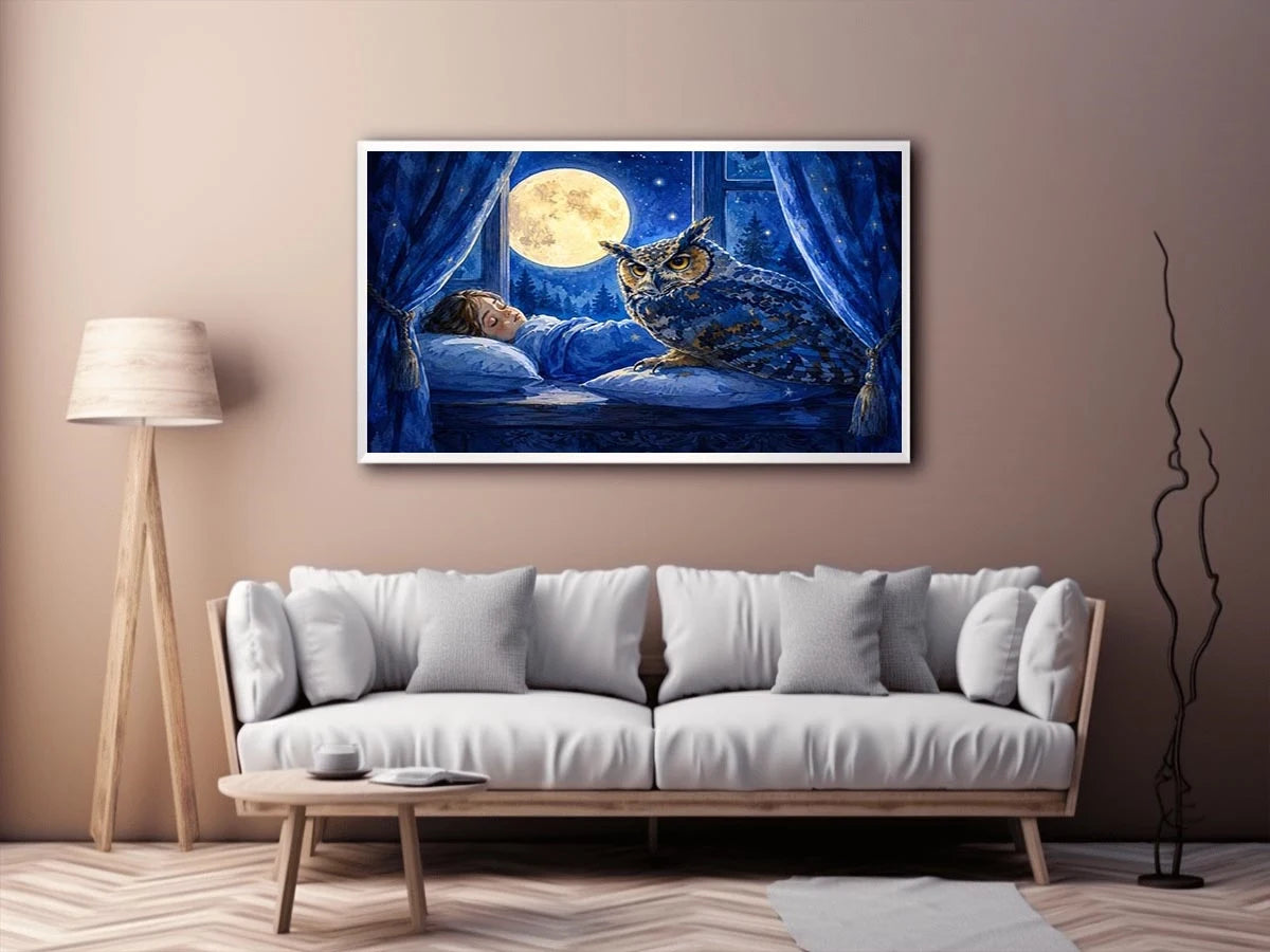 Watercolor owl beside sleeping child under moonlight canvas art for elegant modern interior decor