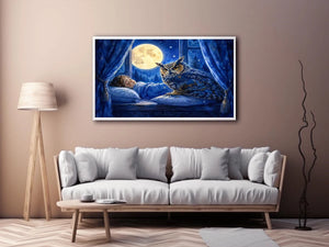 Watercolor owl beside sleeping child under moonlight canvas art for elegant modern interior decor