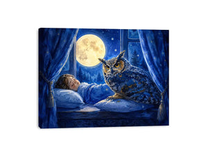 Watercolor owl beside sleeping child under moonlight canvas art for elegant modern interior decor