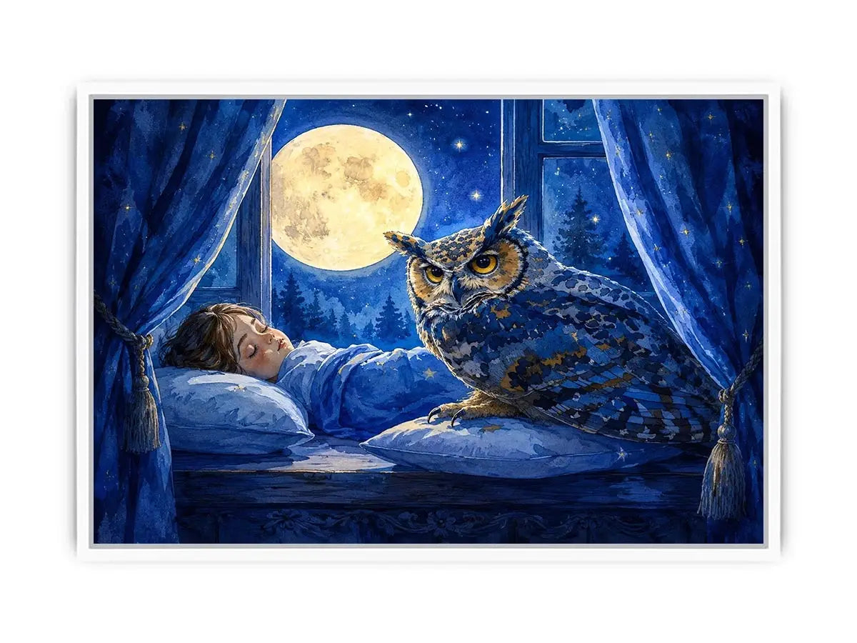 Watercolor owl beside sleeping child under moonlight canvas art for elegant modern interior decor