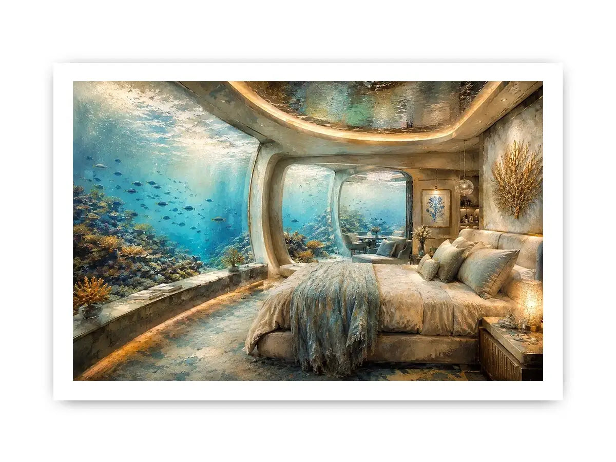 Luxury underwater bedroom ocean photography canvas art for elegant modern interior decor