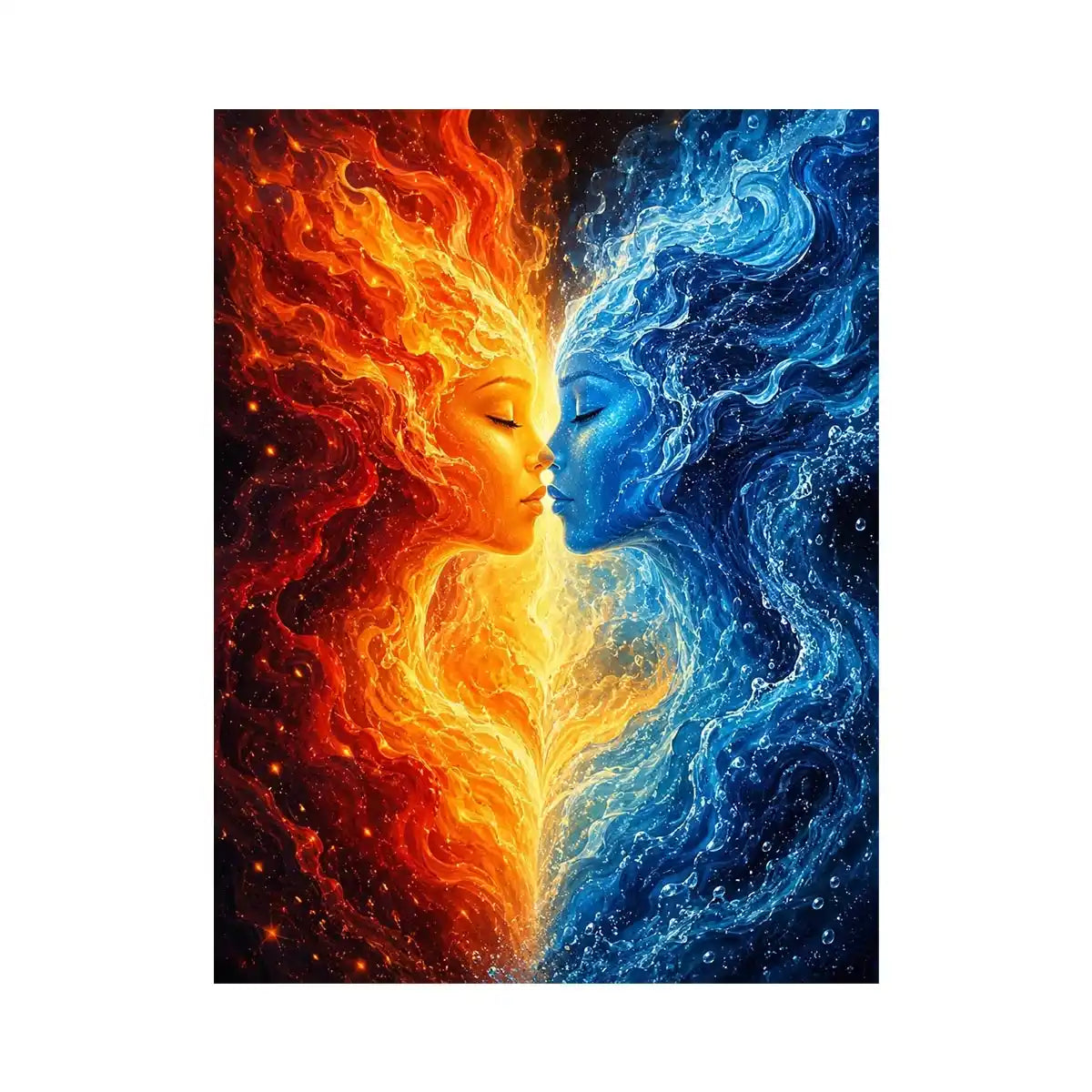 Abstract fire and water duality portrait canvas art for elegant modern interior decor