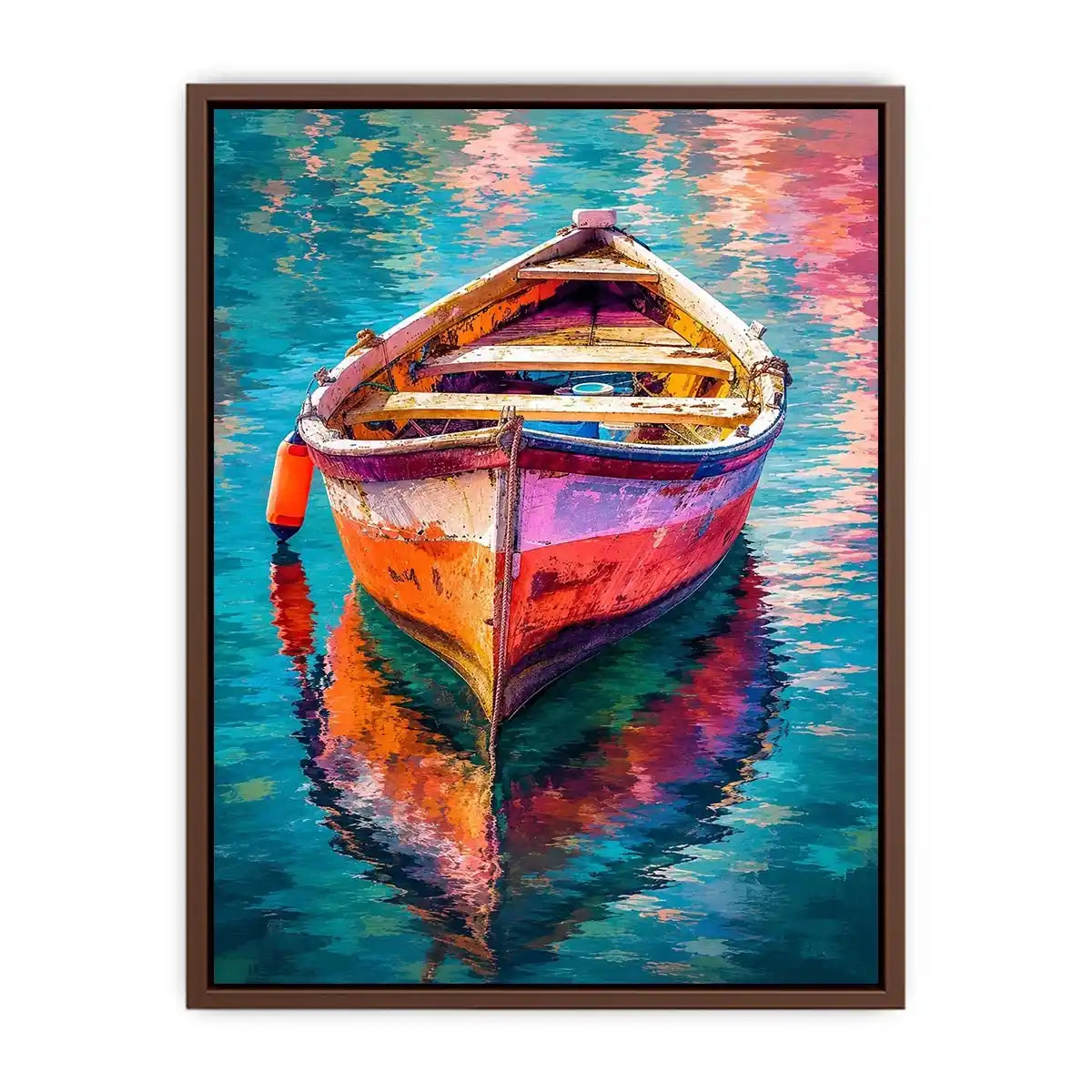 Colorful boat floating on reflective water canvas art for elegant modern interior decor