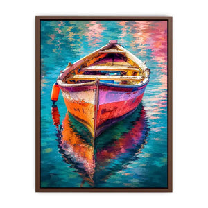 Colorful boat floating on reflective water canvas art for elegant modern interior decor