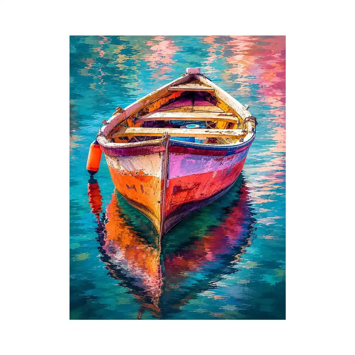 Colorful boat floating on reflective water canvas art for elegant modern interior decor