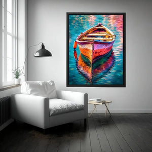 Colorful boat floating on reflective water canvas art for elegant modern interior decor