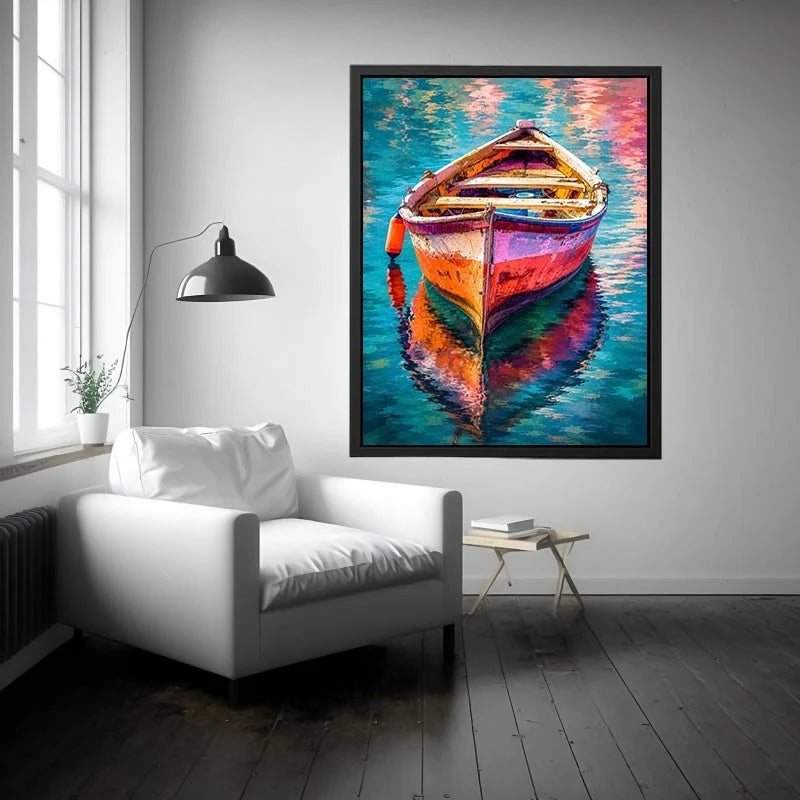 Colorful boat floating on reflective water canvas art for elegant modern interior decor