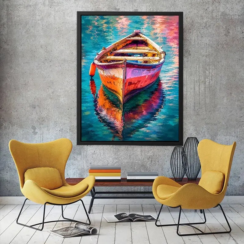 Colorful boat floating on reflective water canvas art for elegant modern interior decor