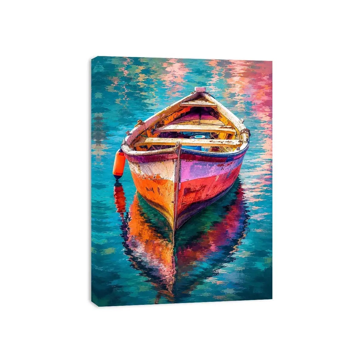 Colorful boat floating on reflective water canvas art for elegant modern interior decor