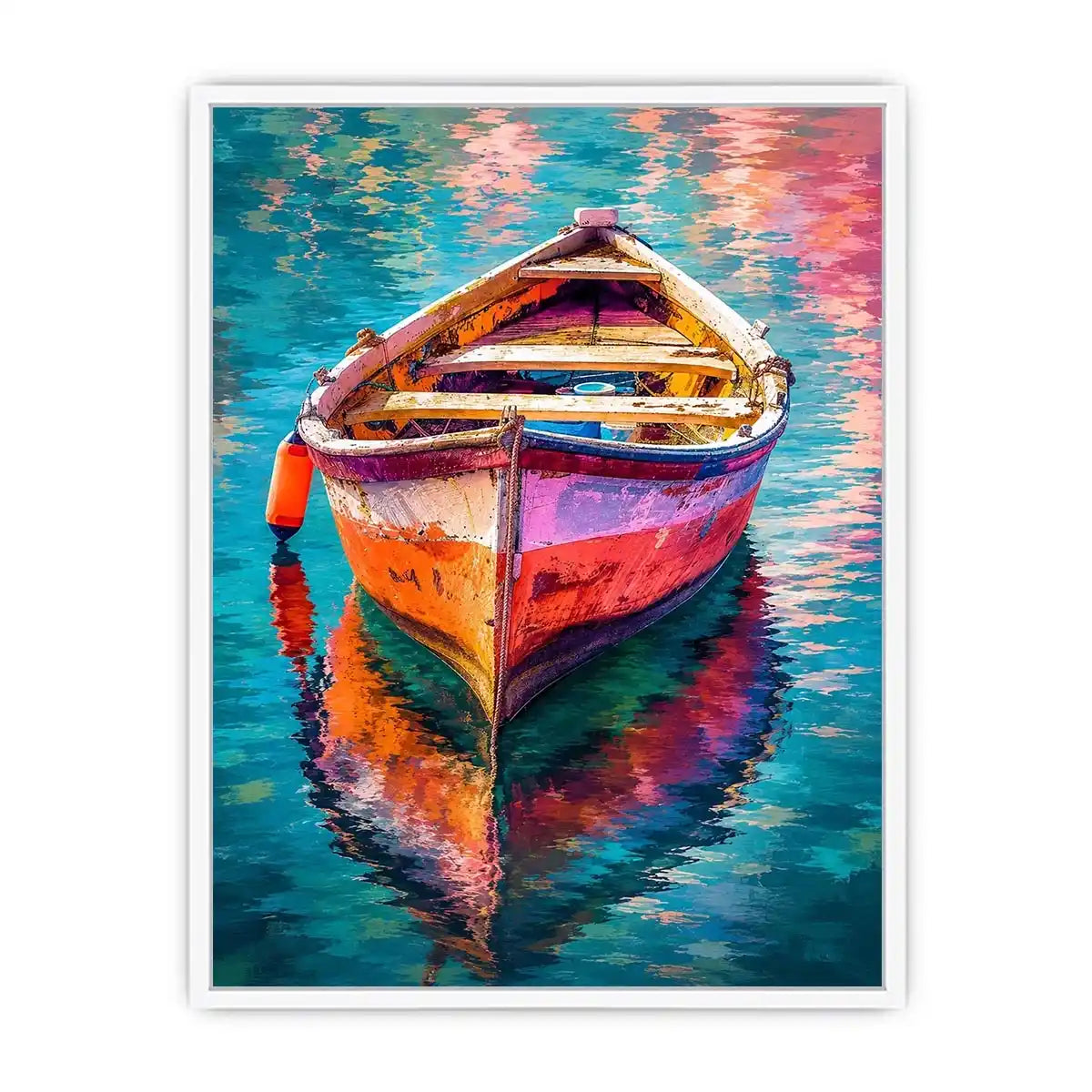 Colorful boat floating on reflective water canvas art for elegant modern interior decor