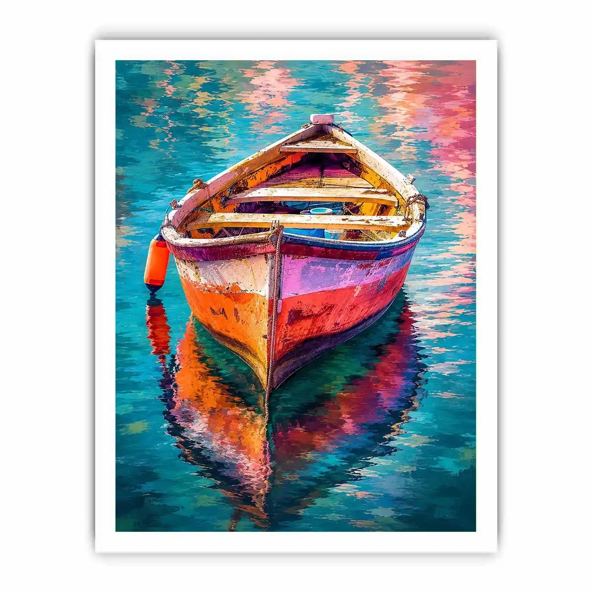 Colorful boat floating on reflective water canvas art for elegant modern interior decor