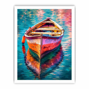 Colorful boat floating on reflective water canvas art for elegant modern interior decor