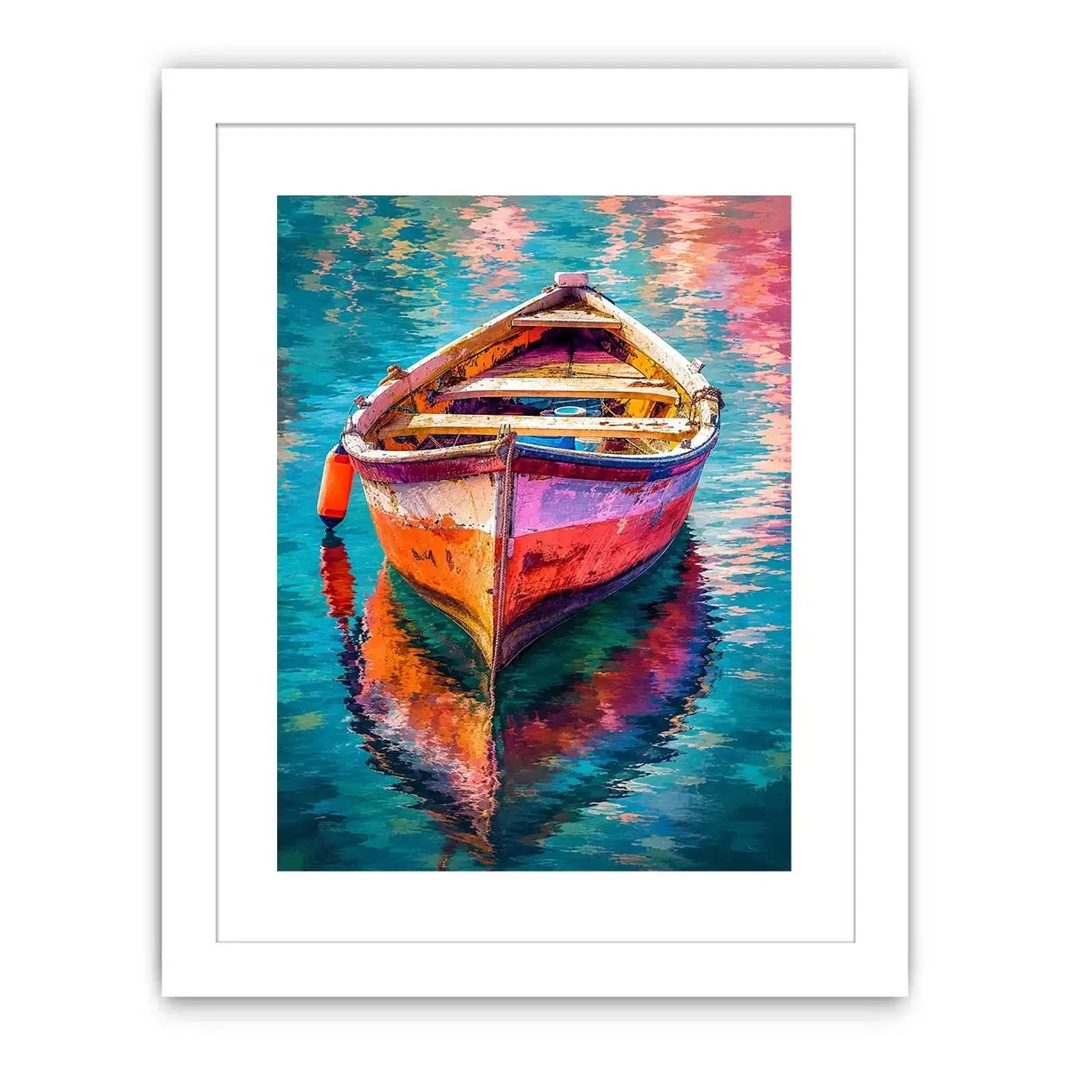 Colorful boat floating on reflective water canvas art for elegant modern interior decor