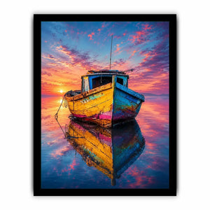 Rustic fishing boat at vivid sunset canvas art for elegant modern interior decor