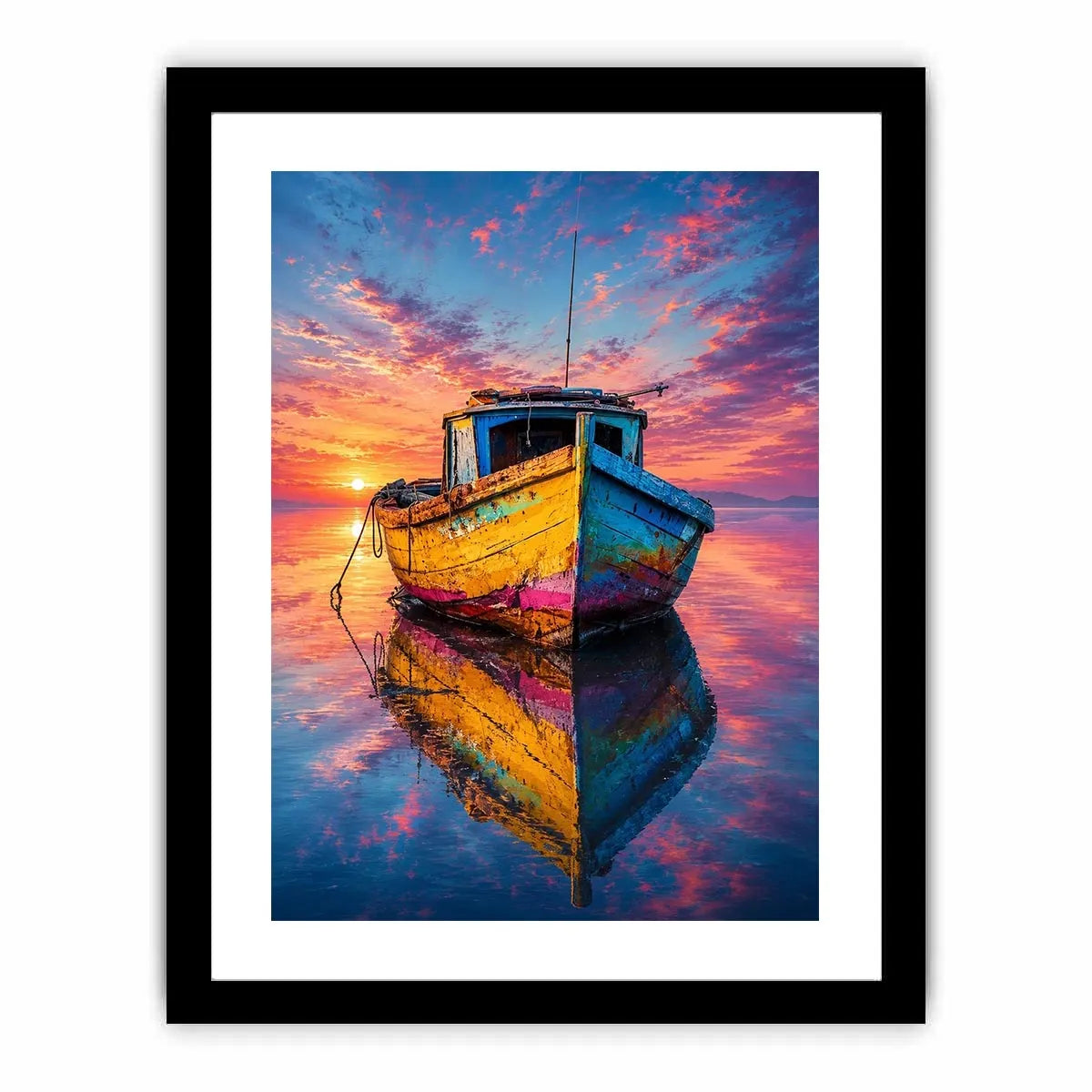 Rustic fishing boat at vivid sunset canvas art for elegant modern interior decor