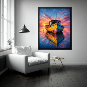 Rustic fishing boat at vivid sunset canvas art for elegant modern interior decor