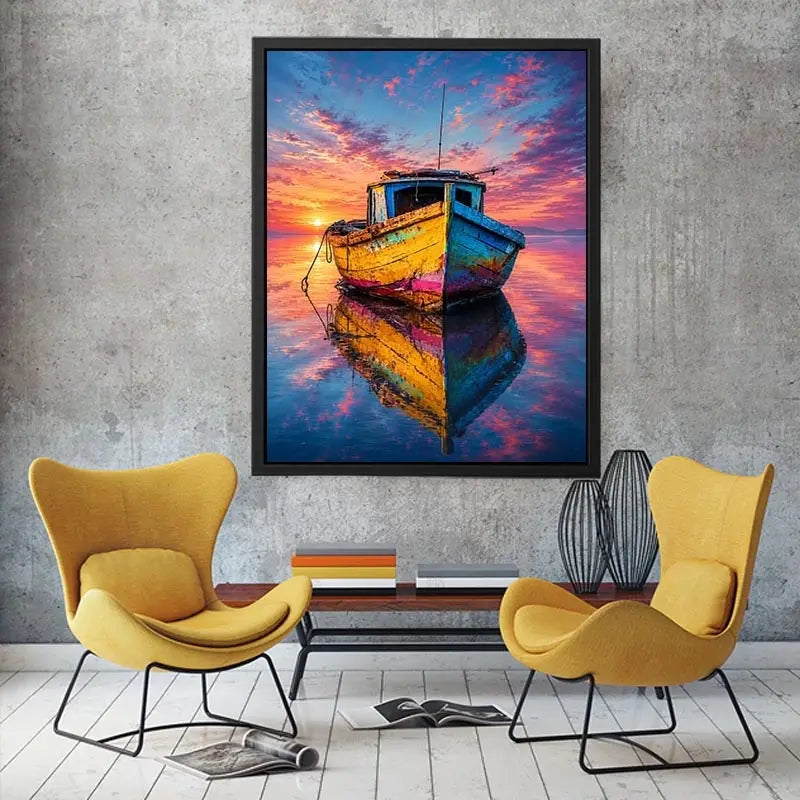 Rustic fishing boat at vivid sunset canvas art for elegant modern interior decor