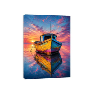 Rustic fishing boat at vivid sunset canvas art for elegant modern interior decor
