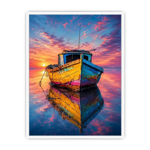 Rustic fishing boat at vivid sunset canvas art for elegant modern interior decor