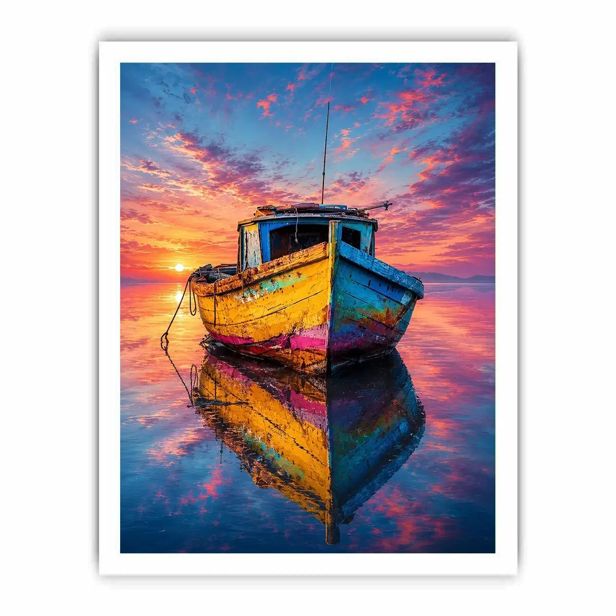 Rustic fishing boat at vivid sunset canvas art for elegant modern interior decor
