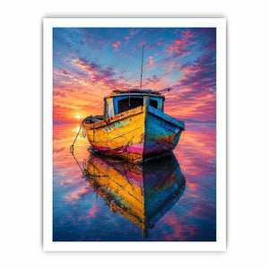 Rustic fishing boat at vivid sunset canvas art for elegant modern interior decor