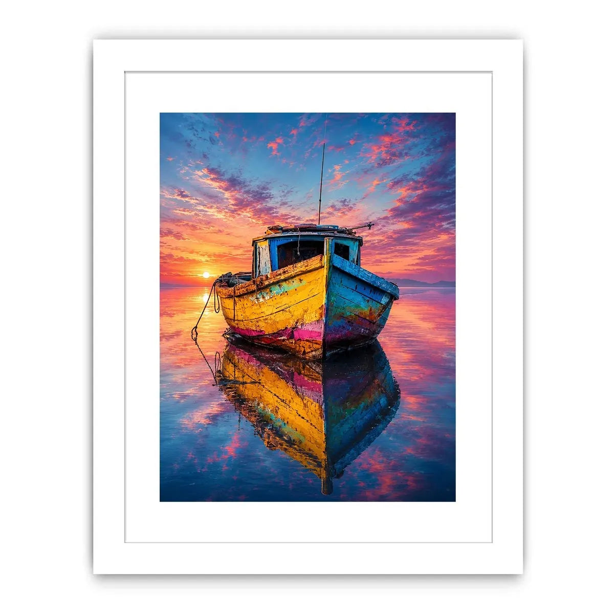 Rustic fishing boat at vivid sunset canvas art for elegant modern interior decor