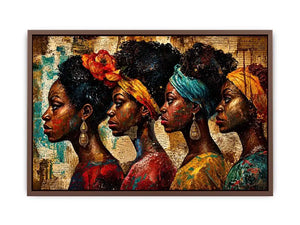 African women portrait wall art with cultural headwraps, textured collage style, premium canvas print for modern luxury home decor