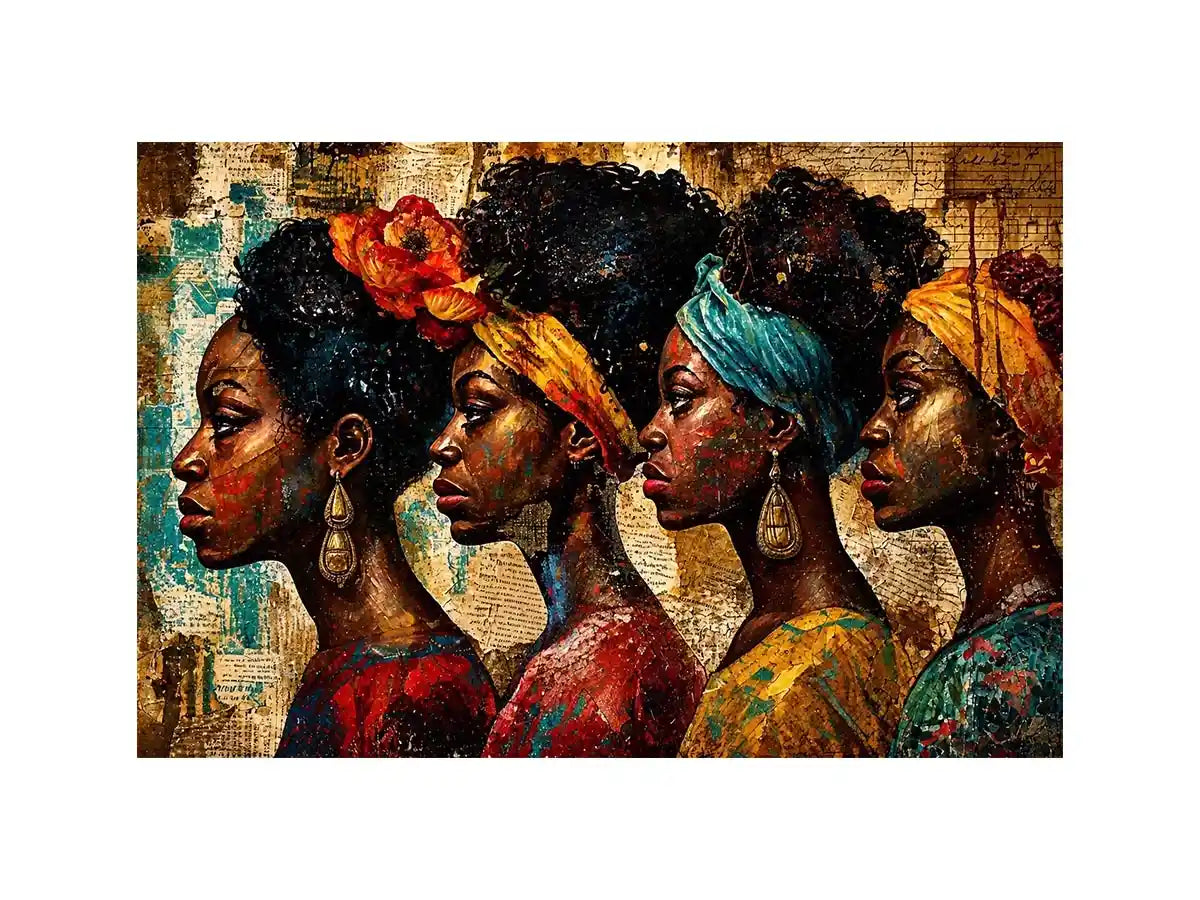 African women portrait wall art with cultural headwraps, textured collage style, premium canvas print for modern luxury home decor