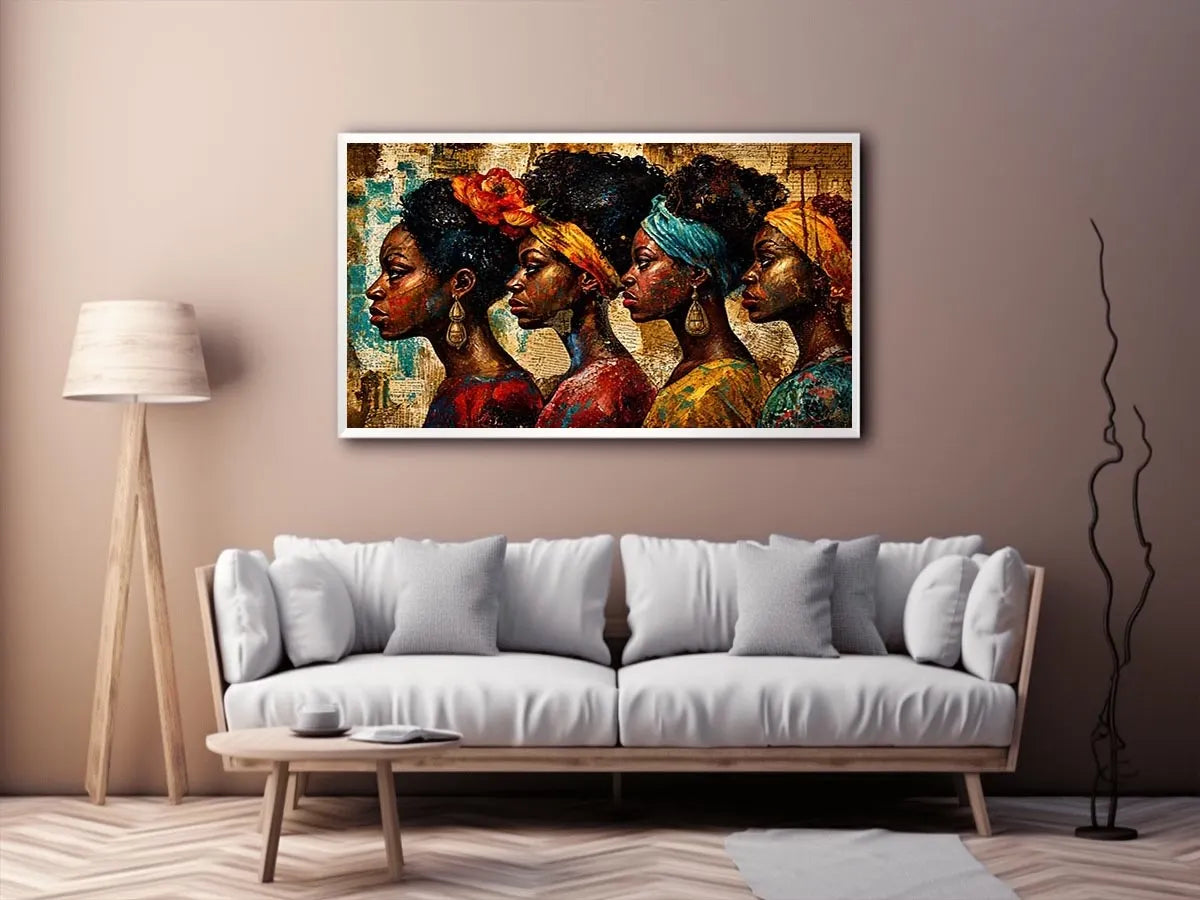 African women portrait wall art with cultural headwraps, textured collage style, premium canvas print for modern luxury home decor