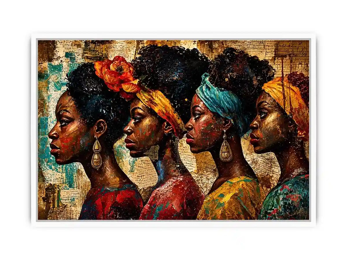 African women portrait wall art with cultural headwraps, textured collage style, premium canvas print for modern luxury home decor