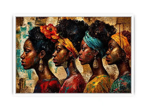 African women portrait wall art with cultural headwraps, textured collage style, premium canvas print for modern luxury home decor