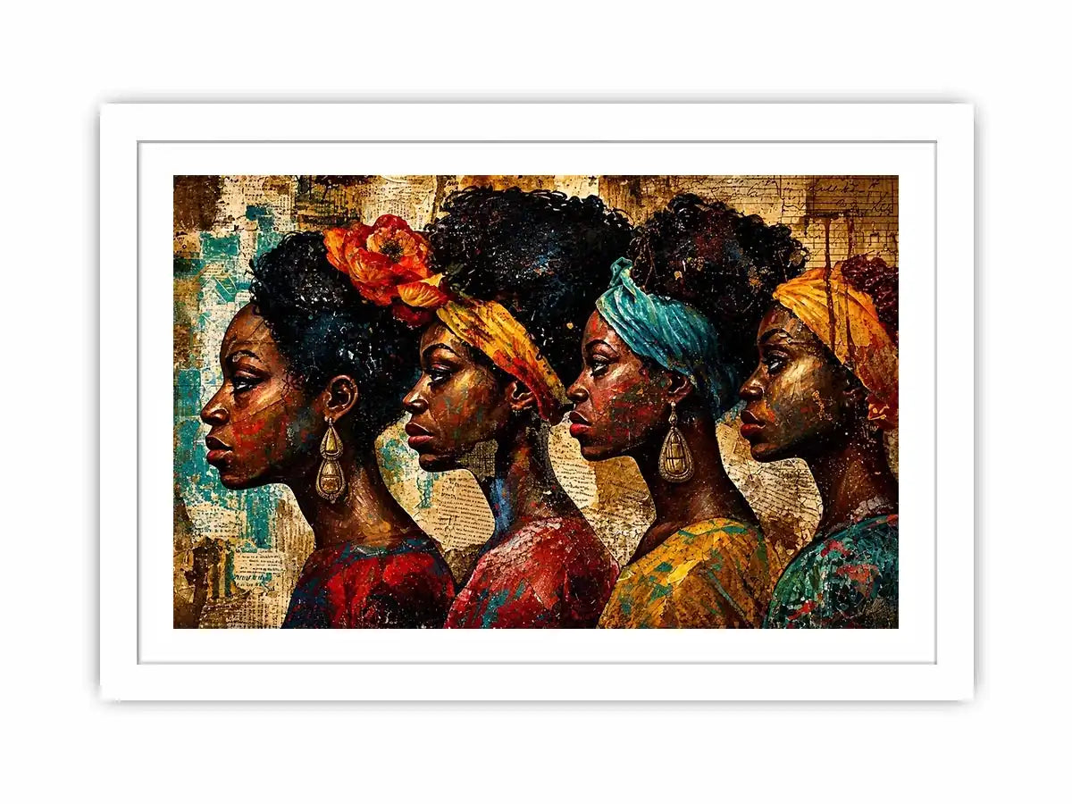 African women portrait wall art with cultural headwraps, textured collage style, premium canvas print for modern luxury home decor