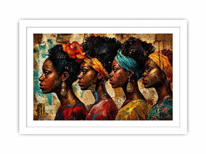 African women portrait wall art with cultural headwraps, textured collage style, premium canvas print for modern luxury home decor