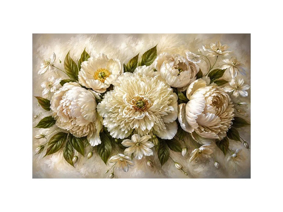 Elegant white peony floral painting canvas art for elegant modern interior decor