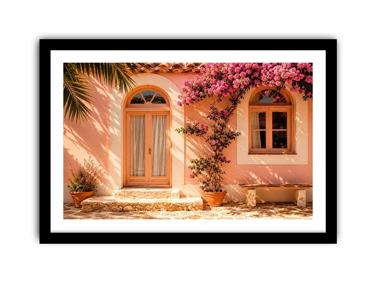 Soft pink mediterranean house exterior canvas art for elegant modern interior decor