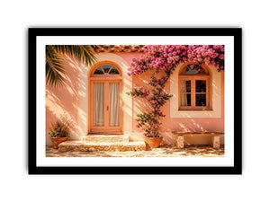 Soft pink mediterranean house exterior canvas art for elegant modern interior decor