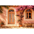 Soft pink mediterranean house exterior canvas art for elegant modern interior decor