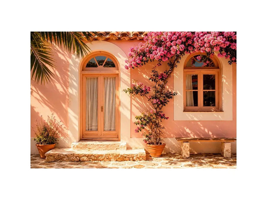 Soft pink mediterranean house exterior canvas art for elegant modern interior decor