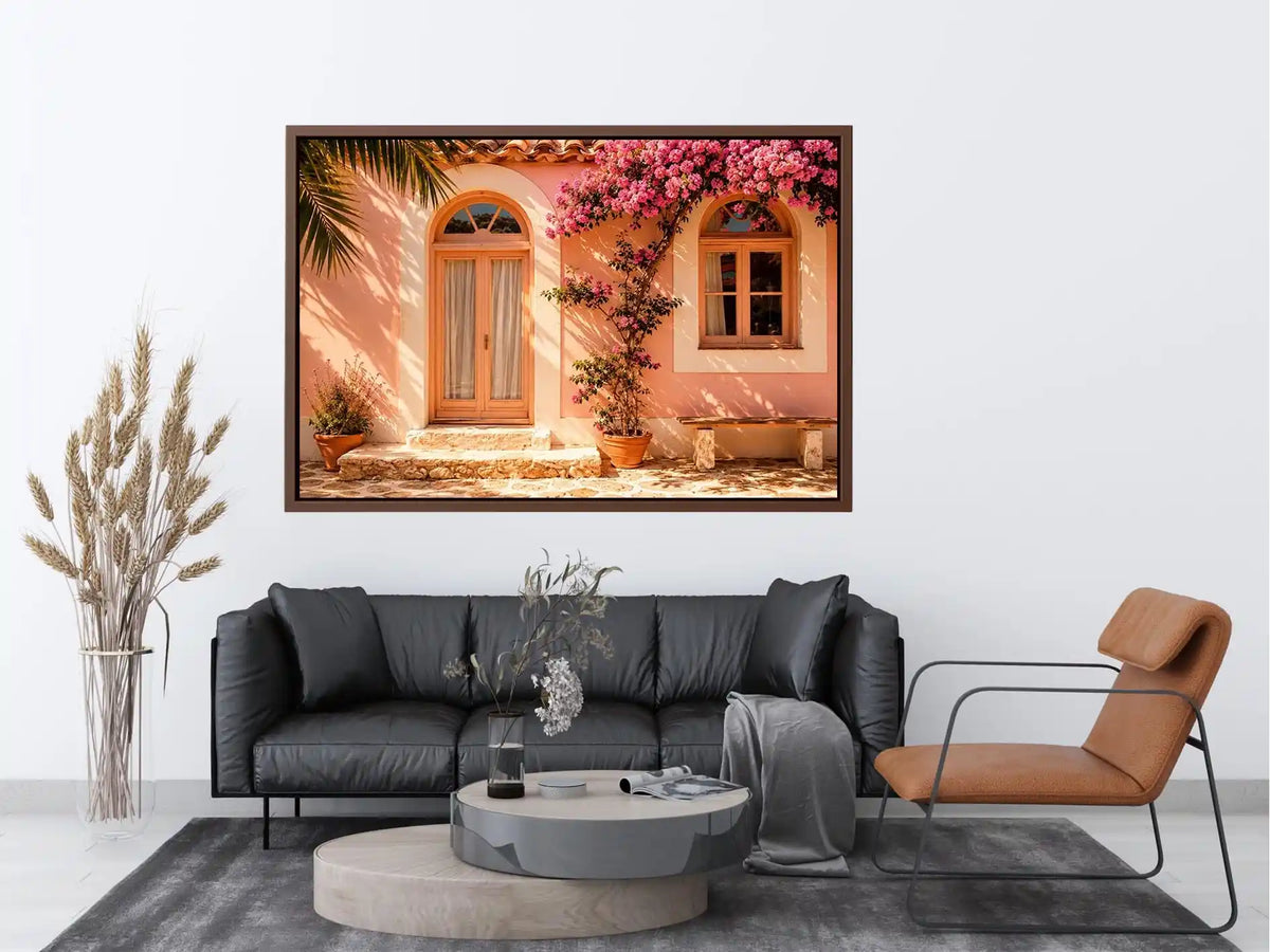 Soft pink mediterranean house exterior canvas art for elegant modern interior decor