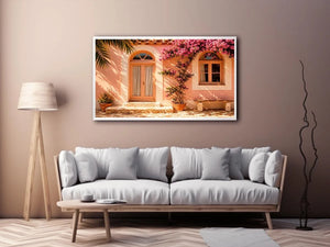 Soft pink mediterranean house exterior canvas art for elegant modern interior decor