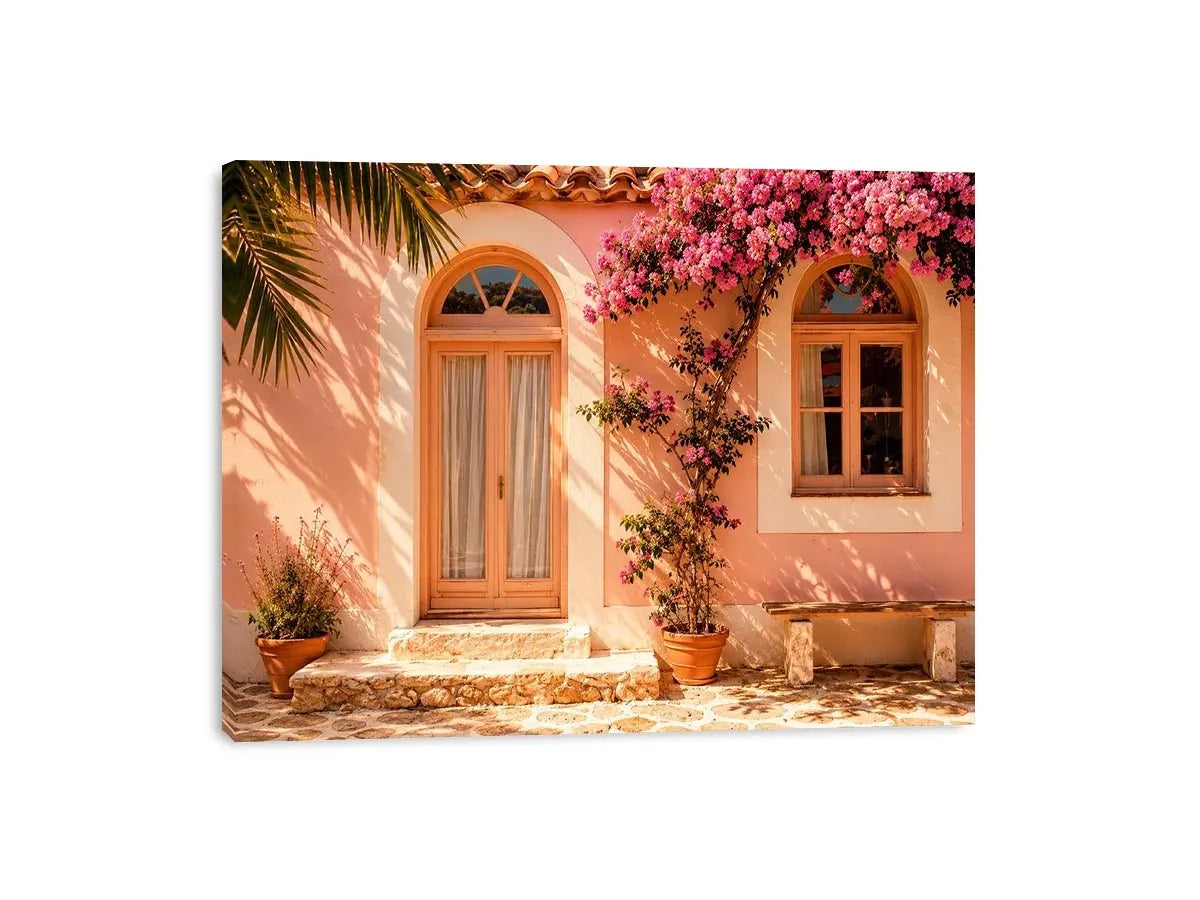 Soft pink mediterranean house exterior canvas art for elegant modern interior decor