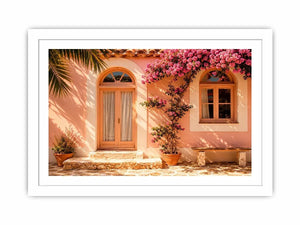 Soft pink mediterranean house exterior canvas art for elegant modern interior decor