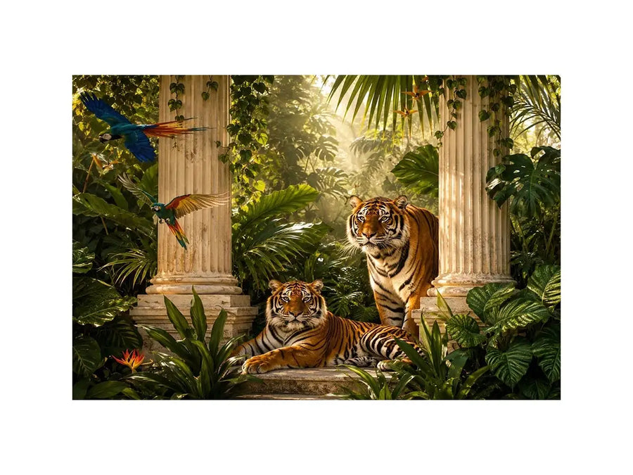 Luxury tiger and parrot tropical scene canvas art for elegant modern interior decor